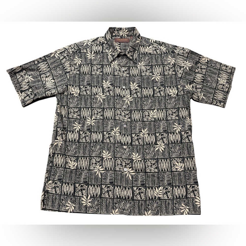 Tori Richard Hawaiian Shirt Mens Large Short Sleeve Button Cotton Beige Black